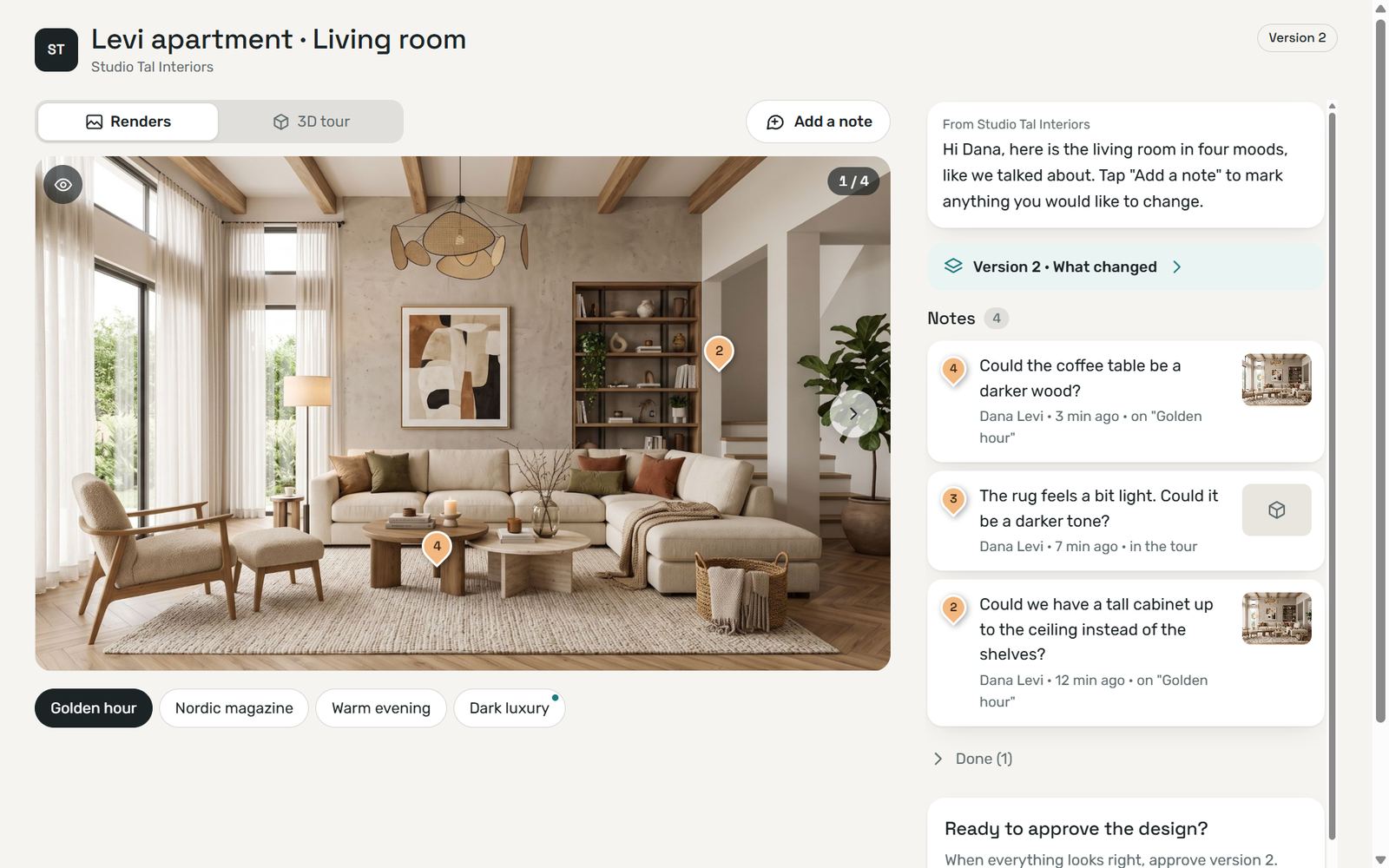 A client room: four styles of one view, with note pins