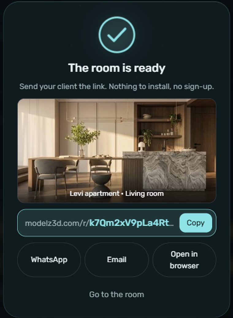 The room is ready: a link with Copy, WhatsApp and Email