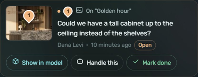 A client note in TOURZ with Show in model and Handle this