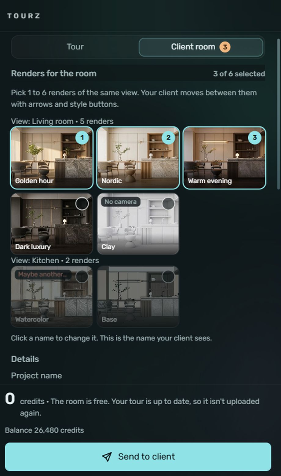 Picking renders for the room in TOURZ