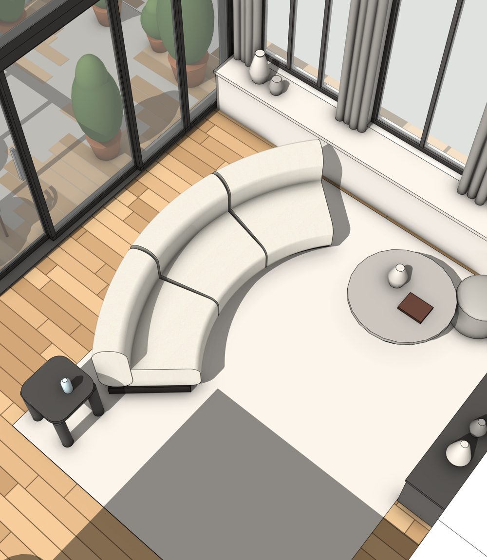 The living room with the new curved sofa