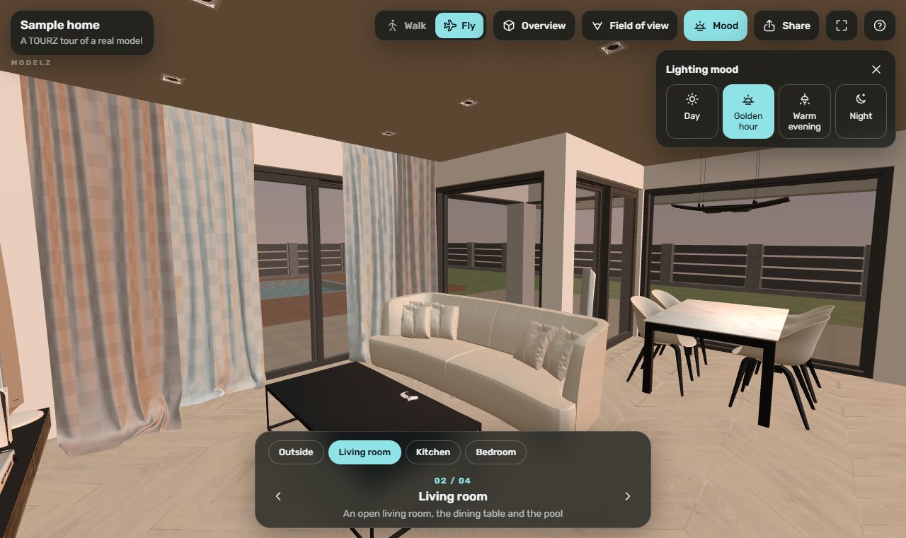 A TOURZ walkthrough of a house with a pool, open in a desktop browser: the living room at golden hour
